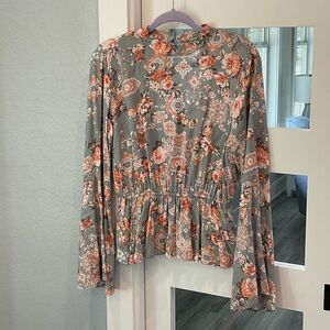 Savanna Jane Women’s Floral Gray and Orange Blouse Size Large